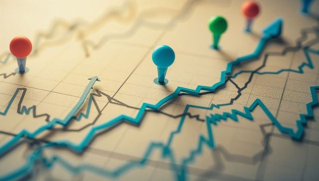 Dynamic 3d line graph with colored pins depicting data analysis progress