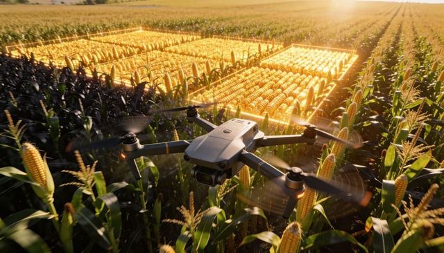 Drone surveying corn field with precision mapping and glowing sample grids at golden hour