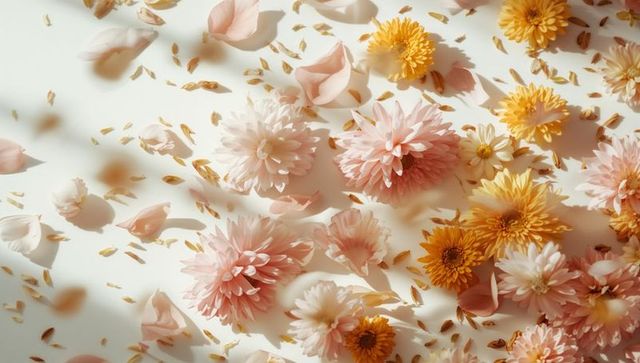 Soft pink and warm yellow dahlia flatlay with scattered petals and sunlit shadows