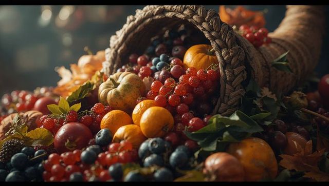Cornucopia brimming with autumn harvest fruits and leaves