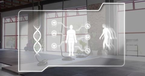 Futuristic ar fitness interface projecting dna helix and biometric analytics in gym studio