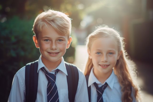 Portrait of caucasian schoolboy and schoolgirl in street, created using generative ai technology. First day of school, learning and education concept digitally generated image.