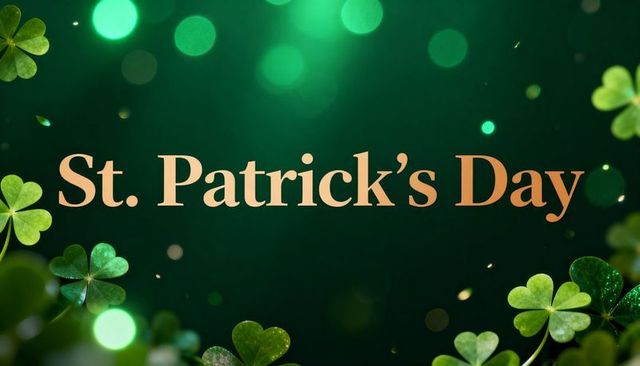 St. Patrick's day gold serif greeting with shamrocks on emerald bokeh background