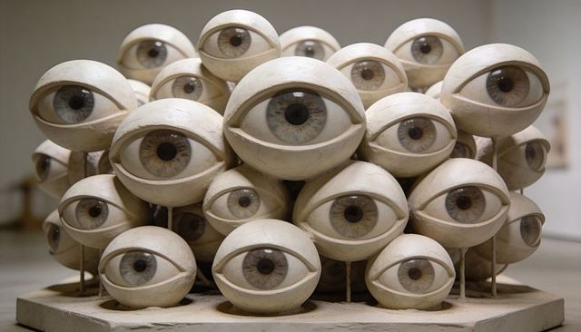 Surreal cluster of bone-white eye orbs on pedestal contemporary sculpture installation