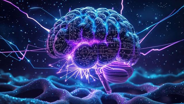 Futuristic neon brain with mathematical formulas and electric arcs