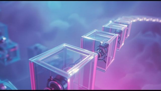 Futuristic glass cubes in neon fog with metallic cylinders