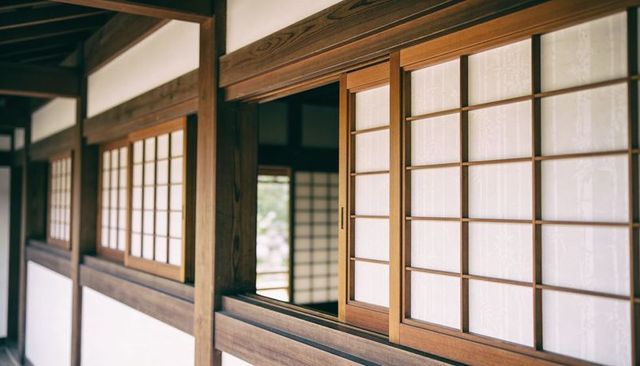 Gliding along shoji corridor highlighting warm wood grain and sliding lattice screens