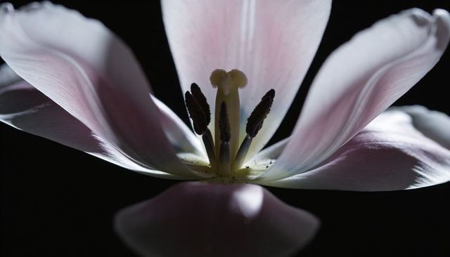 Pale pink tulip macro revealing pistil and anthers, translucent petals on black backdrop