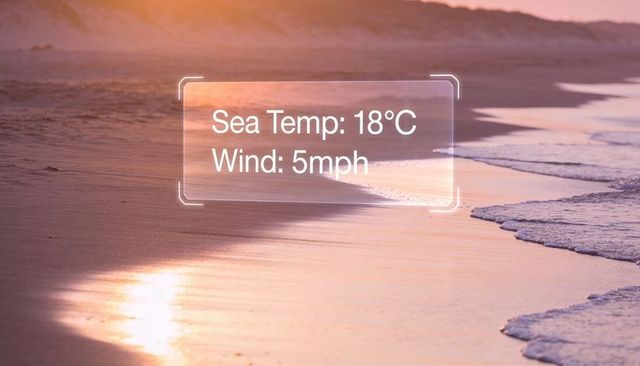 Displaying coastal hud overlay showing sea temperature 18°c and wind 5mph at sunset