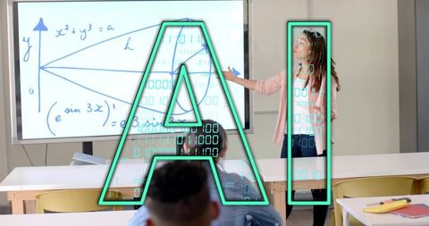 Teacher pointing at math board while AI overlay visualizing data in modern classroom