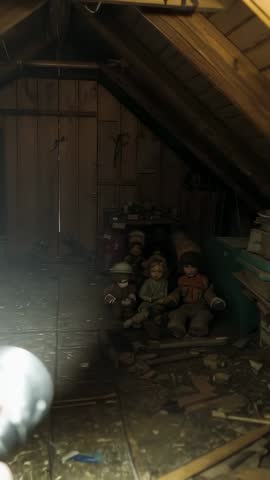Shining Beam Revealing Antique Dolls in Dusty Attic, Centering on Cap Doll by Canister