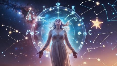 Woman astrologist in divine connection with celestial zodiac glow