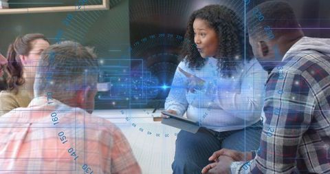 Business team collaboration woman leading tablet and futuristic hud data overlay