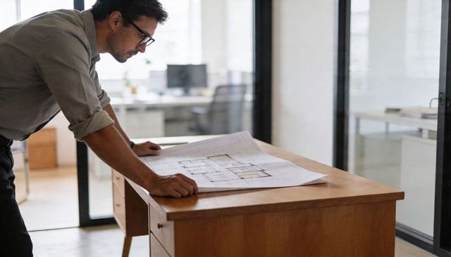 Male architect studying blueprint on wooden desk in bright glass-walled office