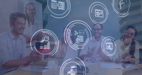 Technology Icons Overlay on Diverse Team Meeting