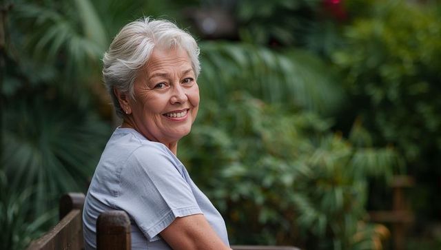Smiling senior woman relaxing on wooden bench in lush garden surrounded by green foliage