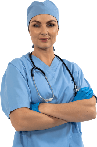 Confident Female Healthcare Worker in Blue Scrubs, Transparent Background