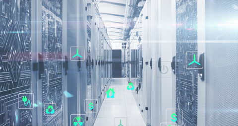 Digital Data Center with Futuristic Icons Display