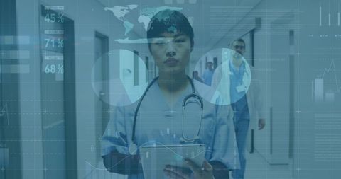 Digital Healthcare Technology with Asian Doctor Analyzing Data