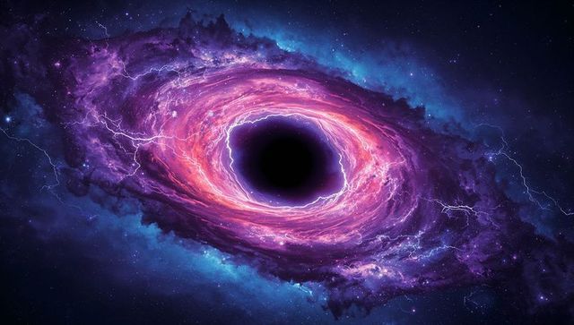 Electrifying black hole with swirling galactic nebula and stars