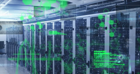 High-Tech Server Room with Digital Data Animation Overlay