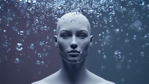 Facial Sculpture Submerged Underwater with Surrounding Bubbles