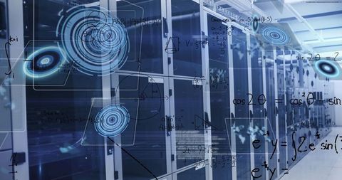 Futuristic Data Center with Holographic Overlays and Formulas