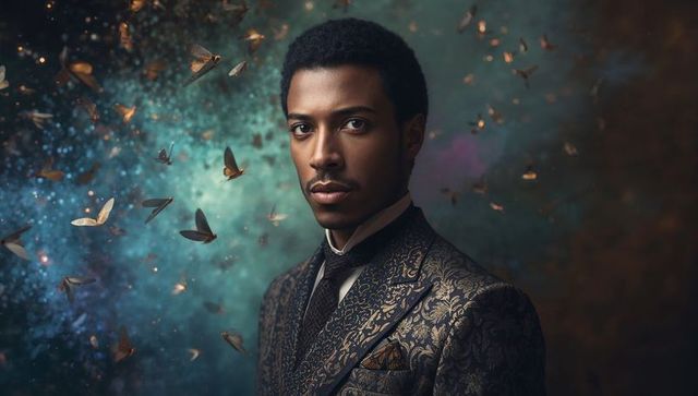 Dapper man wearing ornate brocade suit surrounded by fluttering moths cinematic portrait