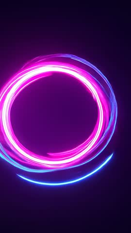 Looping Neon Ring Rotating and Pulsing Over Dark Void with Cyan Arc - Vertical Video