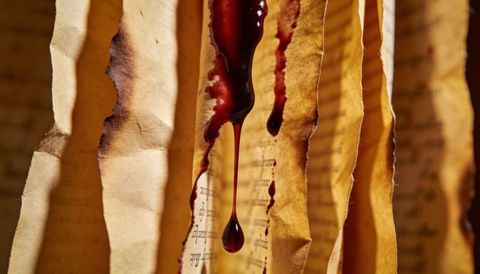 Crimson droplet dripping from torn burned parchment strips with aged paper texture