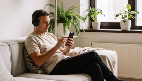Man relaxing on sofa with headphones scrolling smartphone in minimalist living room