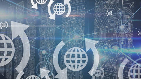 Futuristic Globe Icons in Digital Network Overlay