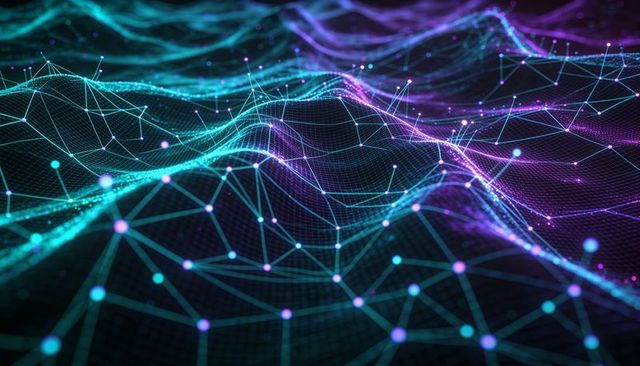 Neon data mesh waves connecting nodes in futuristic digital network topology visualization