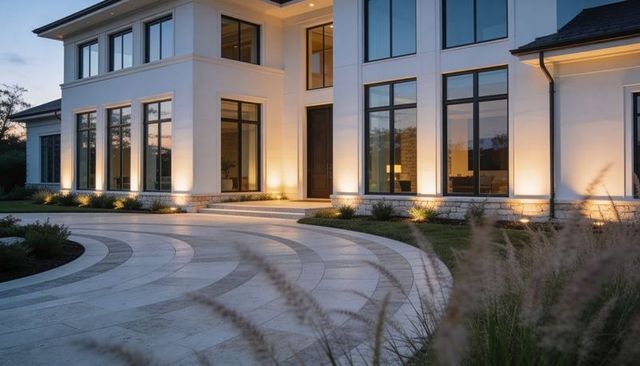 Luxury two-story stucco mansion glowing at dusk with curved stone driveway and uplighting