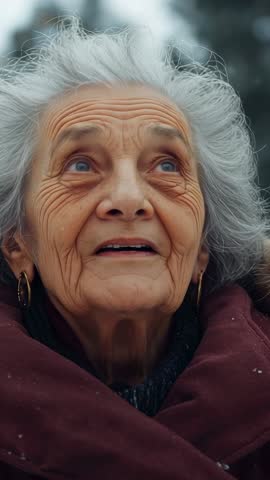 Senior Woman Gazing Up at Falling Snow in Forest, Tilting Head Showing Wonder, Vertical Video