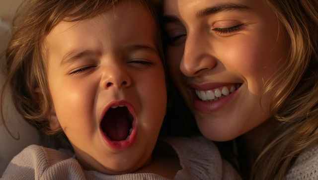 Yawning child snuggling with smiling mother on couch warm tender family moment