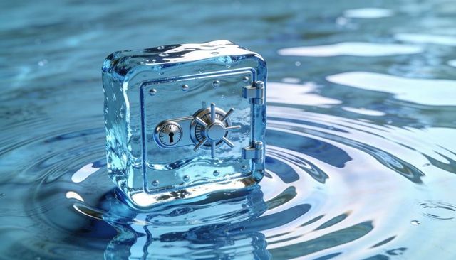 Glassy Safe Floating on Blue Water with Turning Dial and Ripples Conveying Security