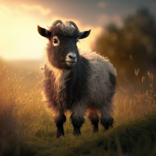 A young goat with a fluffy coat stands in a scenic field during sunset. The goat's woolen fur glows in the warm backlighting, creating a serene rural atmosphere. This stock photo is ideal for promoting livestock farming, rural lifestyle, nature-related content, children's books, educational material, or serene nature-related advertisements.