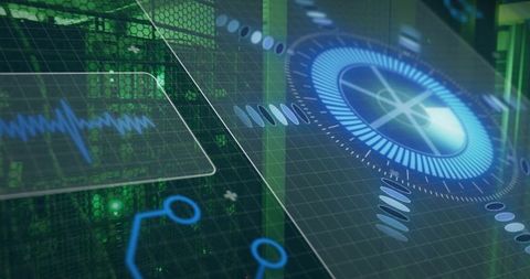 Displaying Holographic HUD Dashboard Over Server Boards with Radar Dial and Data Grid