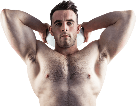 Transparent background of shirtless rugby player holding ball