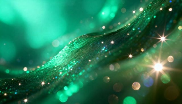 Shimmering emerald ribbon sparkling with glitter flares and bokeh light orbs