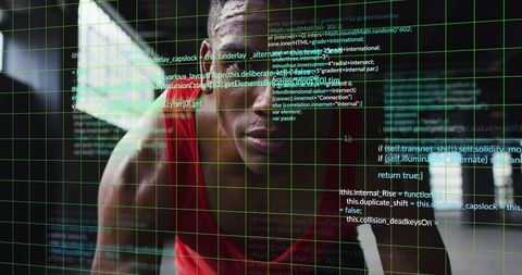 Intense athlete leaning during workout with futuristic code overlay and neon grid