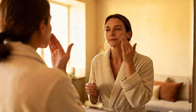 Middle-aged woman applying face cream at sunlit bathroom mirror