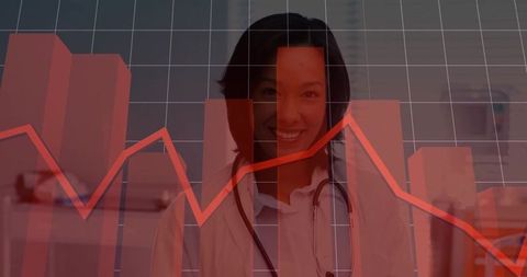 Standing clinician wearing stethoscope with red analytics overlay showing declining data
