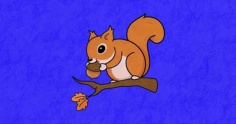 Whimsical squirrel on branch against vibrant blue background