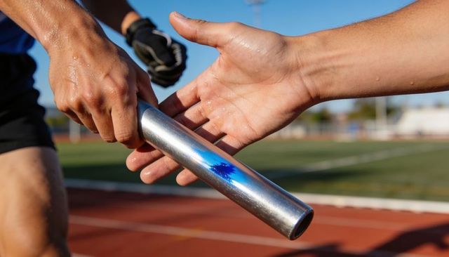 Close-up relay baton handoff on track showcasing teamwork, speed, precision, athlete focus
