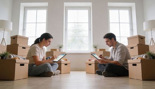 Couple sitting on floor using tablets while unpacking boxes in bright minimalist home