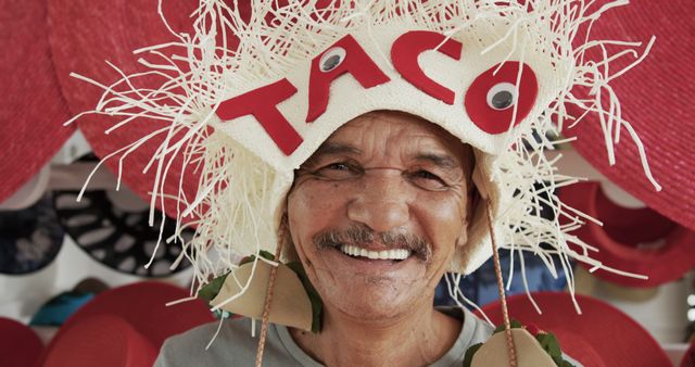 Happy Man Wearing Novelty Hat with Taco Theme - Download Free Stock Images Pikwizard.com