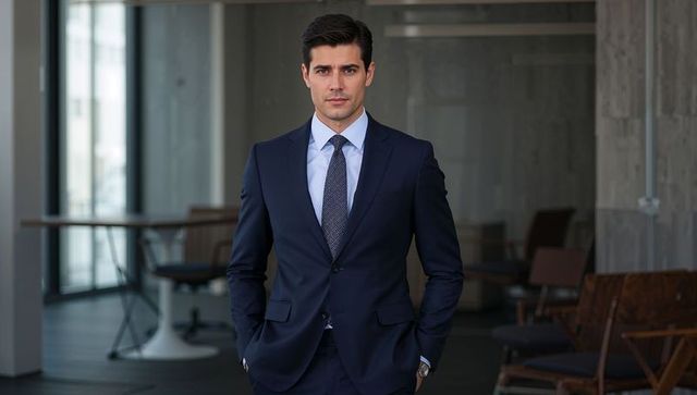 Confident executive wearing tailored navy suit standing in modern minimalist office lobby