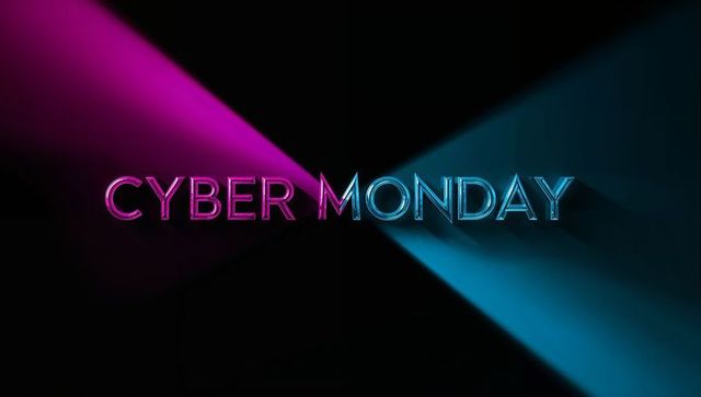 Cyber Monday Neon Text with Magenta and Cyan Spotlight Beams and Glossy Duotone